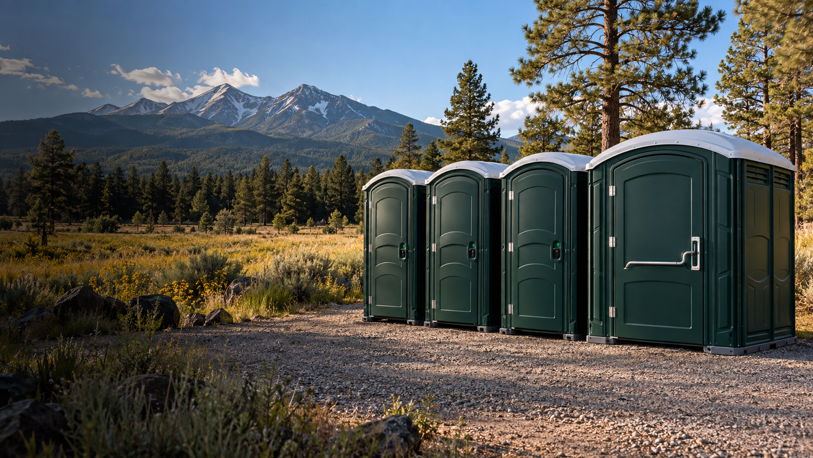 Portable restroom units set against Flagstaff's ponderosa pines and San Francisco Peaks